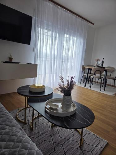 a living room with a table and a couch at VILA MARIJA in Mimice