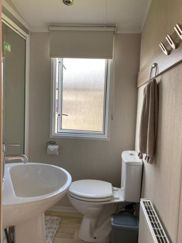 a bathroom with a sink and a toilet and a window at Bude Holiday Resort Peace And Quiet in Bude
