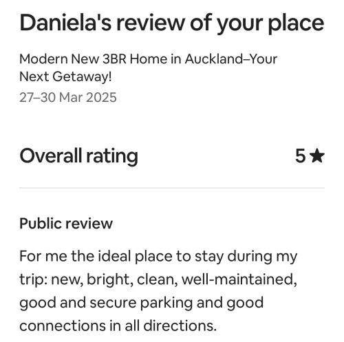 a screenshot of a cell phone with a text box that readskatrinas review at Stylish New & Cosy 3-Bedroom Entire Home in Auckland, Free Parking - Perfect for Your Next Getaway! in Auckland