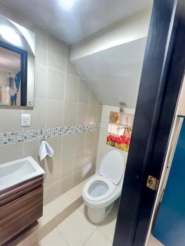 TasquilloにあるHabitación #2 en Casa Azulのトイレと洗面台付きのバスルーム