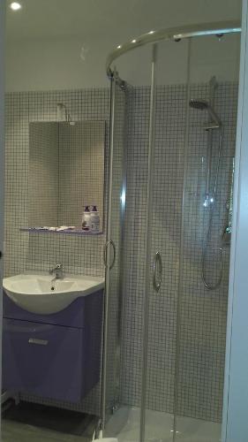 a bathroom with a sink and a glass shower at La Fattoria Barbini B&B in Viterbo