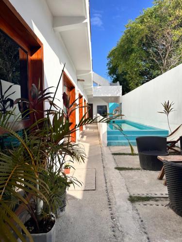 a house with a swimming pool and some plants at Casa Coral Pueblito - Self Check In in Mahahual