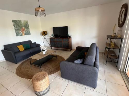a living room with two couches and a tv at Blue Horizon in Friar's Bay