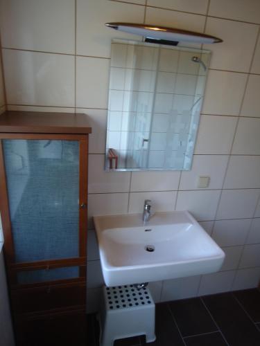 a bathroom with a sink and a mirror at Appartement Landhaus Felsenkeller in Sankt Kanzian