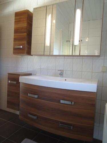 a bathroom with a sink and a mirror at Appartement Landhaus Felsenkeller in Sankt Kanzian