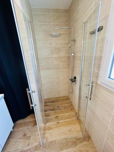 une douche avec une porte vitrée dans une salle de bain dans l'établissement Escale des grands lacs, à Gastes
