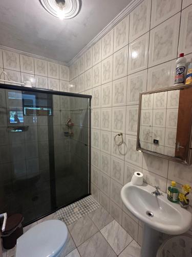 a bathroom with a shower and a toilet and a sink at Lindo sítio em porto feliz in Pôrto Feliz