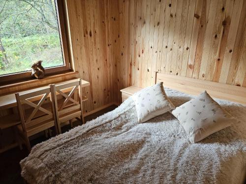 una camera da letto con un letto con due cuscini e una finestra di Holiday Home by Lake Wierzchowo with Private Beach a Grąbczyn