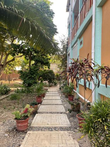 a garden path with potted plants next to a building at Sistarasta in Palomino