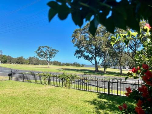 a fence next to a road with trees and grass at Golden Retreat in Hooka Island