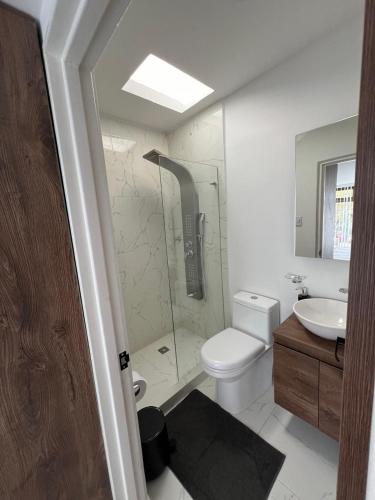 a bathroom with a shower and a toilet and a sink at Alojamiento Privado en Avenida Principal in Manizales