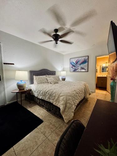 een slaapkamer met een bed met een plafondventilator bij Cozy Room close to the strip in Las Vegas in Las Vegas