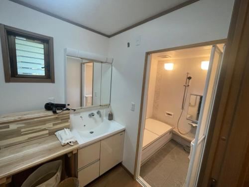 a bathroom with a sink and a mirror and a shower at 泊まれるカフェやわらかそう in Koka