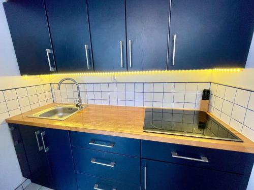 une cuisine avec des armoires bleues et un évier dans l'établissement Maison T3 à 800 m de la plage avec piscine chauffée, tennis, Wi-Fi, patio clos et parking privatif - FR-1-231-300, à Bretignolles-sur-Mer