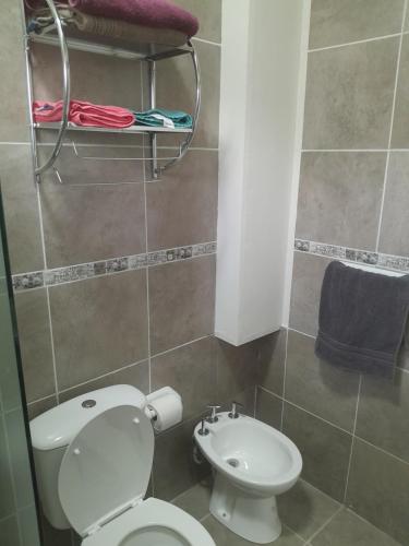 a small bathroom with a toilet and a sink at Chalet arena in General Roca