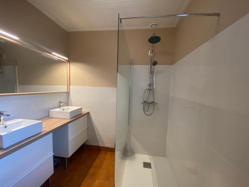 une salle de bain avec un lavabo et une douche dans l'établissement Jolie Maison Face à la Plage - 3 Chambres à La Tranche-sur-Mer - FR-1-22-183, à La Tranche-sur-Mer