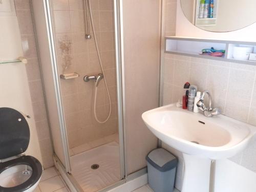 une salle de bain avec une douche, des toilettes et un lavabo dans l'établissement Maison paisible à La Terrière proche plage et commerces - FR-1-194-209, à La Tranche-sur-Mer
