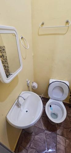 a bathroom with a sink and a toilet at Só pra relaxar! in Manaus
