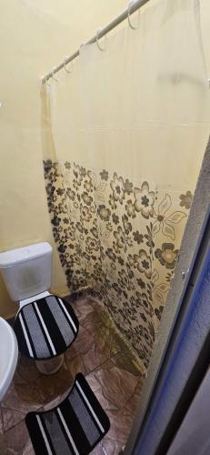 a bathroom with a toilet and a shower curtain at Só pra relaxar! in Manaus