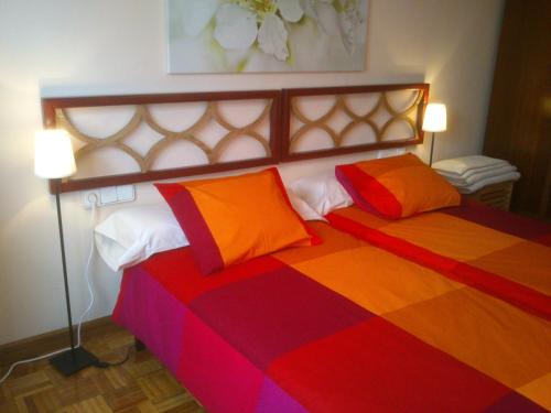 1 dormitorio con 1 cama colorida y 2 almohadas coloridas en La Pintada 3.0, en Valladolid