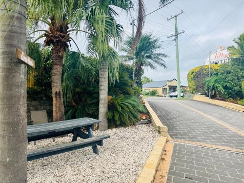 a park bench sitting next to a street with palm trees at Jetty Motel The Entrance in The Entrance