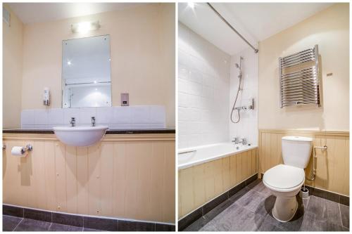 two pictures of a bathroom with a toilet and a sink at The Bridge House Hotel in Reigate