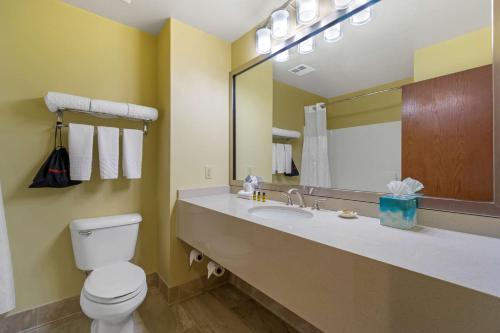 a bathroom with a toilet and a sink with a mirror at Best Western Plus Plaza by the Green in Kent