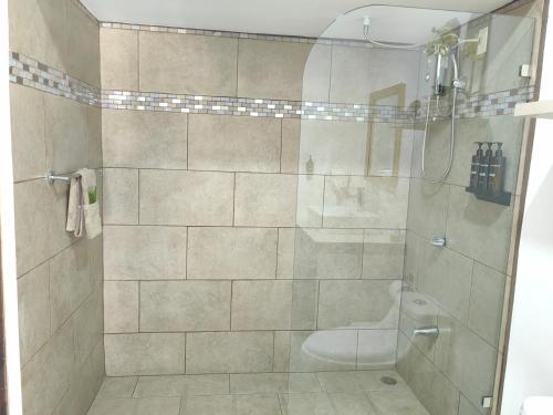 a bathroom with a shower with a toilet at Hotel Boutique CasAguacate close to Airport, Pedregal, Centro de Convenciones de Costa Rica in Potrerillos