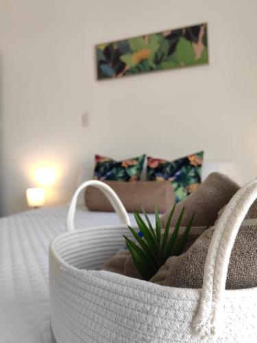 a basket with towels and a plant on a bed at Hotel Boutique CasAguacate close to Airport, Pedregal, Centro de Convenciones de Costa Rica in Potrerillos