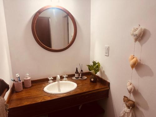 a bathroom with a sink and a mirror at Las Moras casa de campo en Lobos in Lobos