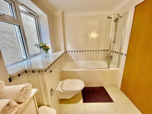 a bathroom with a tub and a toilet and a shower at Brazilian Family in Uk 02 in Oxford