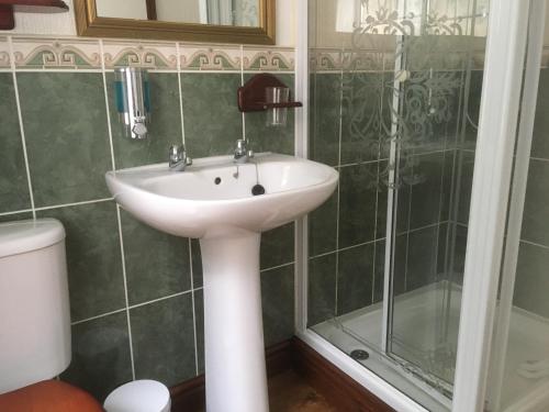 a bathroom with a sink and a shower at Grove House Guest House in Telford