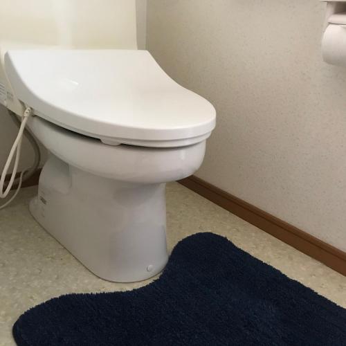 a white toilet in a bathroom with a blue rug at Okhotsk House Shari in Shari