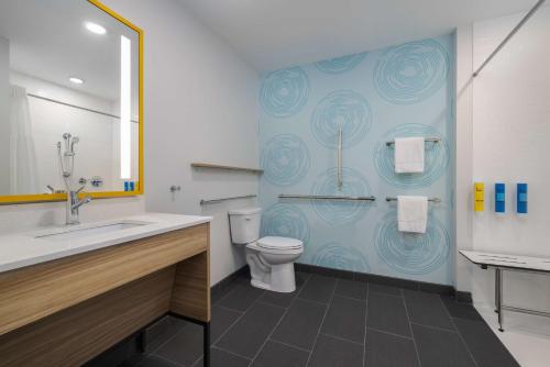 a bathroom with a toilet and a sink and a mirror at Tru By Hilton Oshkosh in Oshkosh