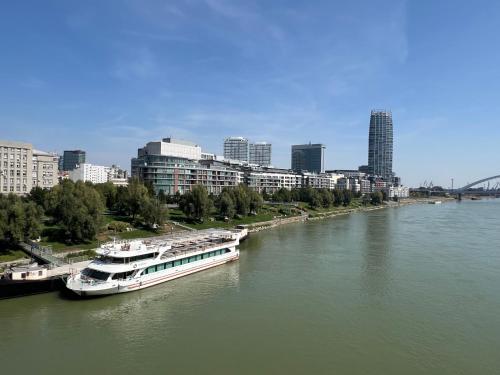 a boat is docked on a river in a city at Vibe Loft free drink daily by Zazi in Bratislava