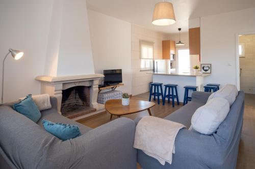a living room with a couch and a fireplace at SEAING HOUSE in Falca