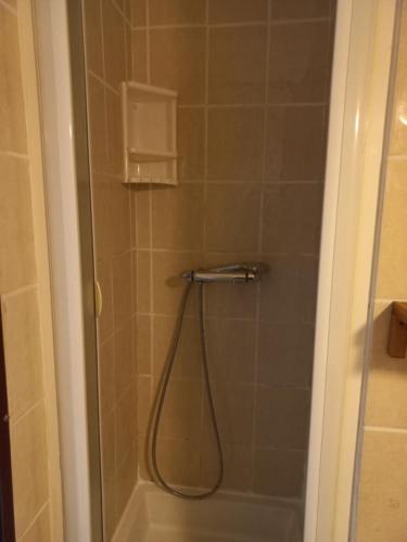 une salle de bain avec une douche avec une porte vitrée dans l'établissement Charmant studio, au Grau-du-Roi