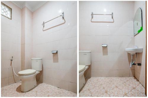 two pictures of a bathroom with a toilet and a sink at Collection O Pusat Kota Pekanbaru Near Mall Ska Formerly Hotel Olgaria in Pekanbaru
