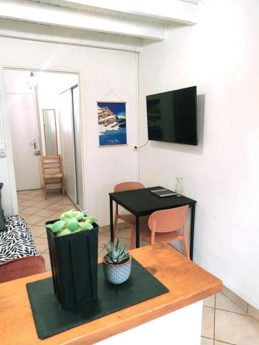 a living room with a table and a television on a wall at Le Petit Studio in Gap