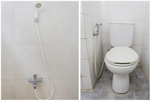 two pictures of a bathroom with a toilet and a shower at Super OYO Capital O Deroyal Sentra Timur in Jakarta