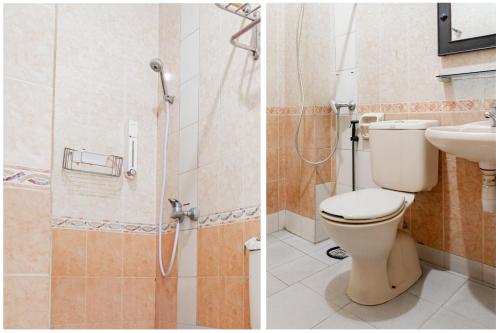two pictures of a bathroom with a toilet and a sink at Collection O Senapelan Near Rsud Petala Bumi Formerly De Town Hotel in Pekanbaru