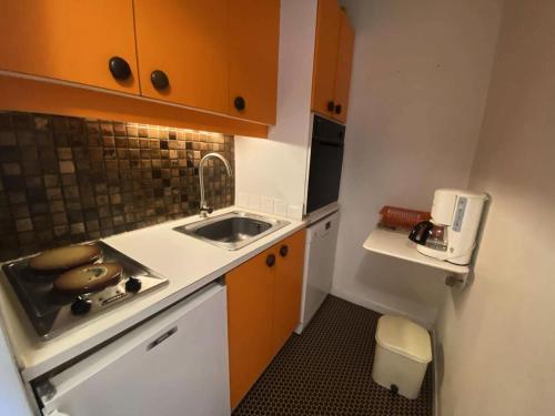 Il comprend une petite cuisine avec un évier et un comptoir. dans l'établissement Résidence Prapelier - Appartement chaleureux style montagne, situé dans un secteur calme au pied des pistes MAE-5501, à Vénosc