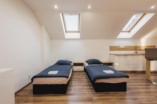 a room with two beds in a room at Dom v stráni in Poniky