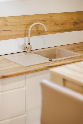 a kitchen counter with a sink and a sink at Dom v stráni in Poniky