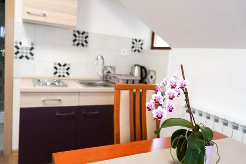 a kitchen with a table with a vase of flowers at Studio Apartman Šafranko in Krapinske Toplice