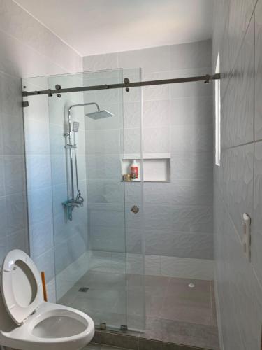 a bathroom with a glass shower with a toilet at Villa Muñoz in San Felipe de Puerto Plata