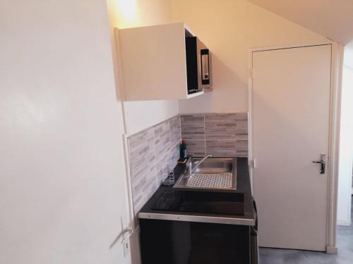 une petite cuisine avec un évier et une cuisinière dans l'établissement Chez Dogoré, à Reims