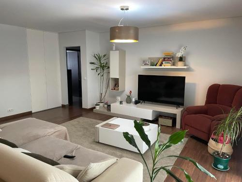 a living room with a couch and a tv at Green Pine in Leiria
