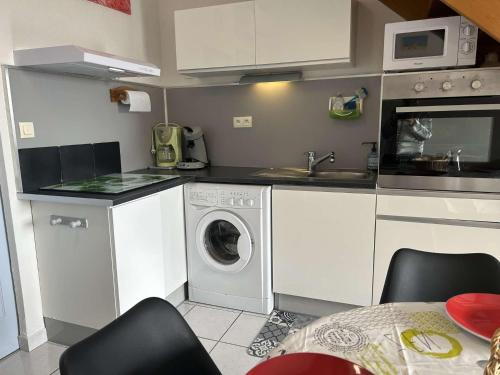 une cuisine avec une machine à laver et un évier dans l'établissement SP480-192 Maison 2 pièces mezz 5 couchages SAINT PIERRE LA MER, à Saint Pierre La Mer