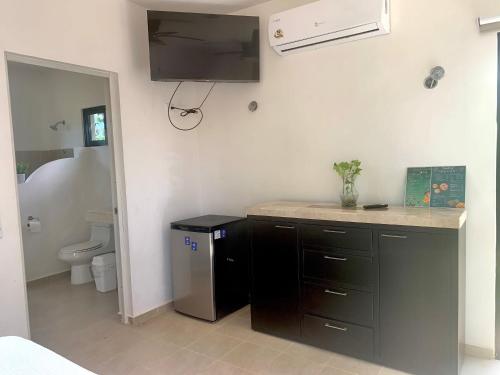 a bathroom with a sink and a toilet in a room at Quinta YaaxBe in Homún